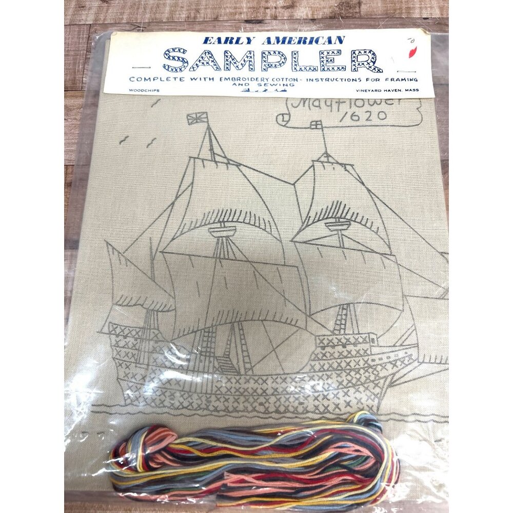 Early American Sampler The Mayflower Kit Vineyard Haven Mass. Stamped With Floss